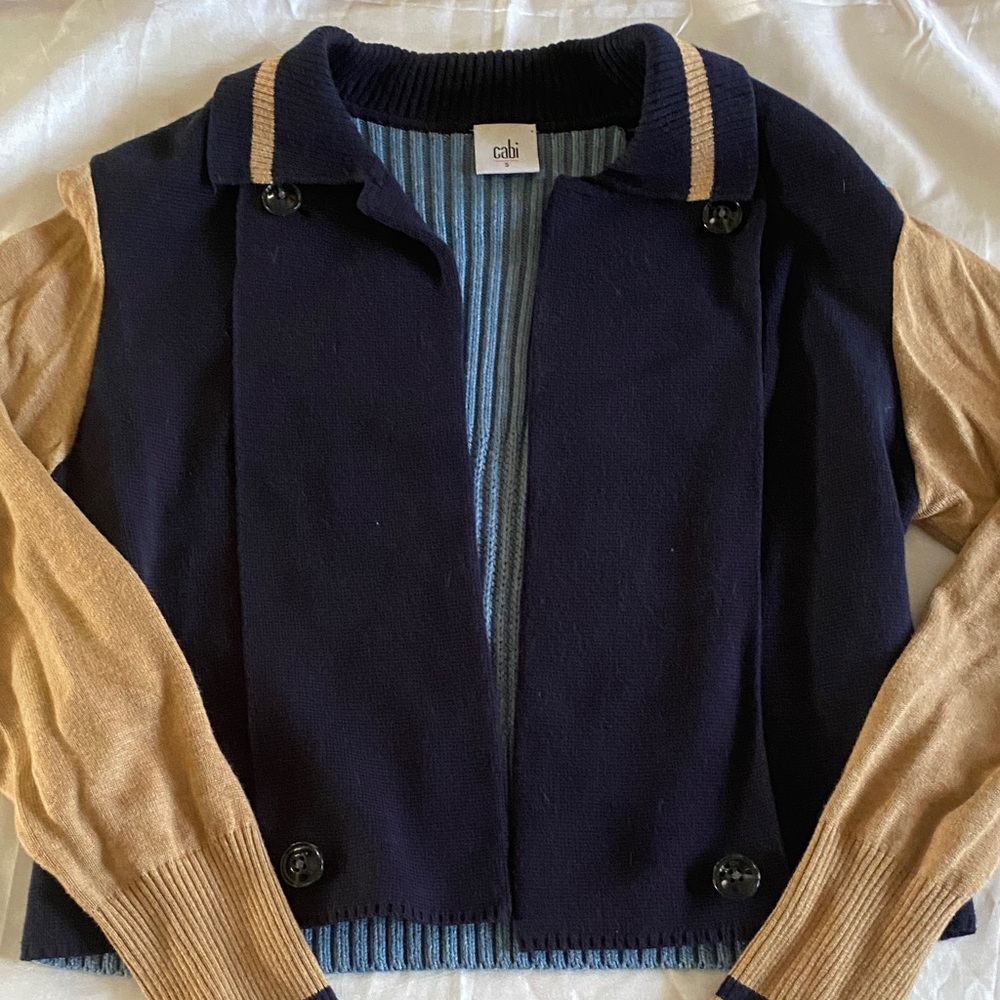 CAbi Navy and Tan Button-Up Sweater